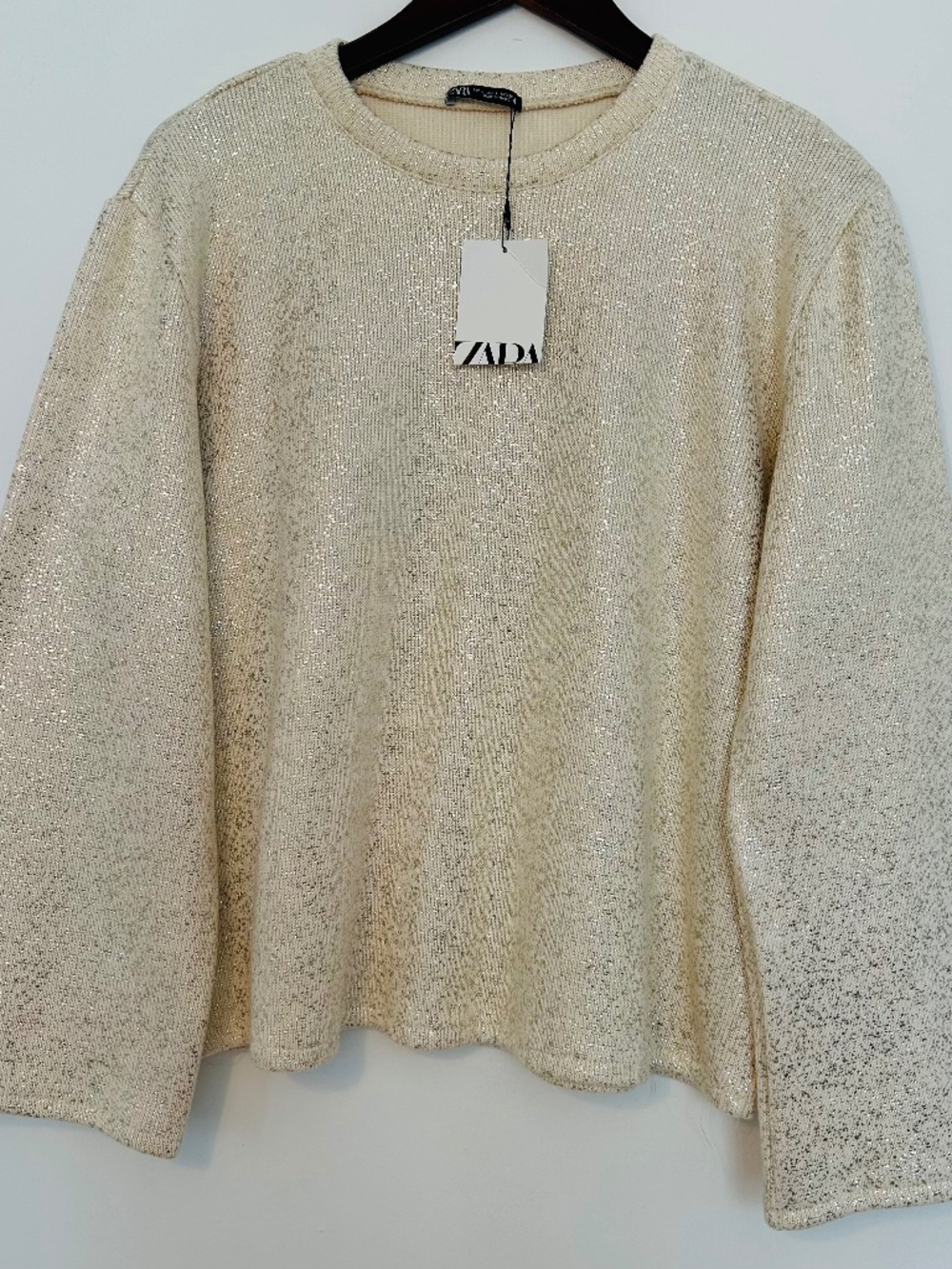 NWT Women Zara Metallic Knit Sweater Gold L 100% Cotton